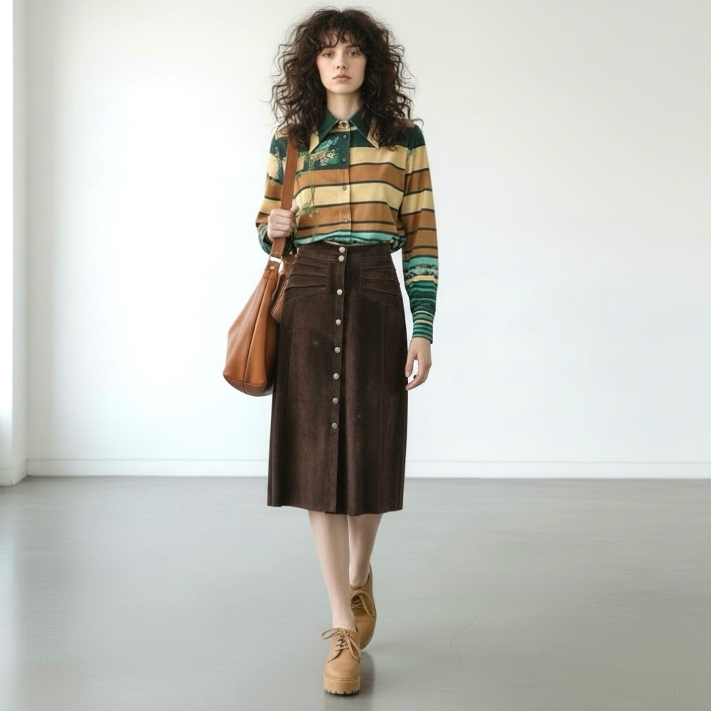 Vintage 70s Suede A-Line Snap Front Skirt
